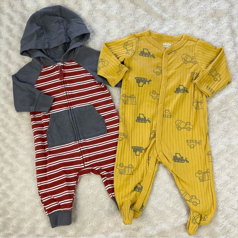 Baby Boy Romper Bundle Carter’s Hooded One Piece Stripes Construction